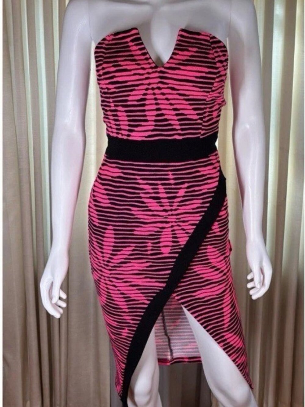 Goodtime USA Neon Pink Black Stripe Floral Strapless V-Notch Bodycon Dress S Y2K